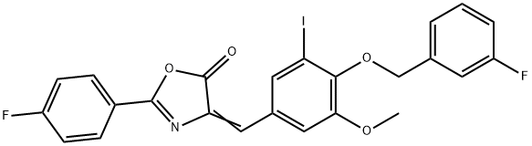 4-{4-[(3-fluorobenzyl)oxy]-3-iodo-5-methoxybenzylidene}-2-(4-fluorophenyl)-1,3-oxazol-5(4H)-one 结构式