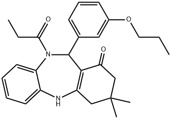 3,3-dimethyl-10-propionyl-11-(3-propoxyphenyl)-2,3,4,5,10,11-hexahydro-1H-dibenzo[b,e][1,4]diazepin-1-one,353772-39-1,结构式