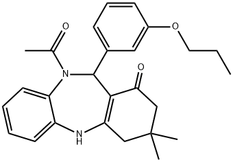 10-acetyl-3,3-dimethyl-11-(3-propoxyphenyl)-2,3,4,5,10,11-hexahydro-1H-dibenzo[b,e][1,4]diazepin-1-one Struktur