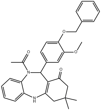 10-acetyl-11-[4-(benzyloxy)-3-methoxyphenyl]-3,3-dimethyl-2,3,4,5,10,11-hexahydro-1H-dibenzo[b,e][1,4]diazepin-1-one 化学構造式