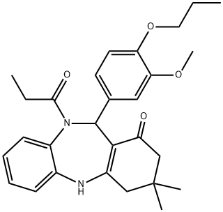 11-(3-methoxy-4-propoxyphenyl)-3,3-dimethyl-10-propionyl-2,3,4,5,10,11-hexahydro-1H-dibenzo[b,e][1,4]diazepin-1-one 化学構造式