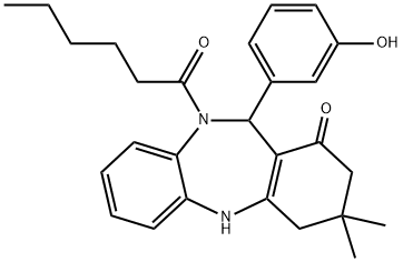 10-hexanoyl-11-(3-hydroxyphenyl)-3,3-dimethyl-2,3,4,5,10,11-hexahydro-1H-dibenzo[b,e][1,4]diazepin-1-one Structure