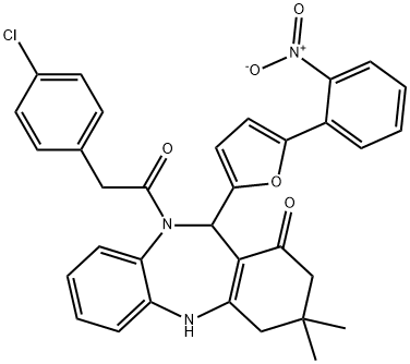 10-[(4-chlorophenyl)acetyl]-11-(5-{2-nitrophenyl}-2-furyl)-3,3-dimethyl-2,3,4,5,10,11-hexahydro-1H-dibenzo[b,e][1,4]diazepin-1-one 结构式