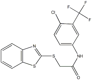 2-(1,3-benzothiazol-2-ylsulfanyl)-N-[4-chloro-3-(trifluoromethyl)phenyl]acetamide 化学構造式