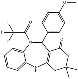 11-(4-methoxyphenyl)-3,3-dimethyl-10-(trifluoroacetyl)-2,3,4,5,10,11-hexahydro-1H-dibenzo[b,e][1,4]diazepin-1-one Struktur