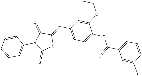 2-ethoxy-4-[(4-oxo-3-phenyl-2-thioxo-1,3-thiazolidin-5-ylidene)methyl]phenyl 3-iodobenzoate 化学構造式