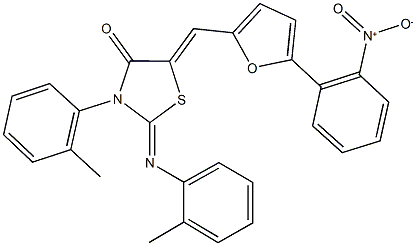 5-[(5-{2-nitrophenyl}-2-furyl)methylene]-3-(2-methylphenyl)-2-[(2-methylphenyl)imino]-1,3-thiazolidin-4-one 结构式