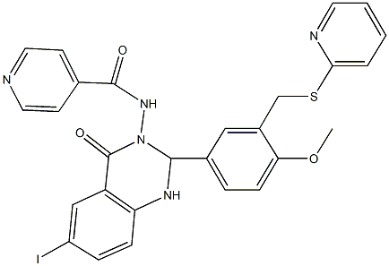 N-(6-iodo-2-{4-methoxy-3-[(2-pyridinylsulfanyl)methyl]phenyl}-4-oxo-1,4-dihydro-3(2H)-quinazolinyl)isonicotinamide Struktur