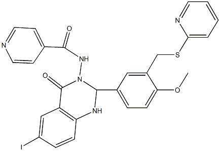 N-(6-iodo-2-{4-methoxy-3-[(2-pyridinylsulfanyl)methyl]phenyl}-4-oxo-1,4-dihydro-3(2H)-quinazolinyl)isonicotinamide 化学構造式