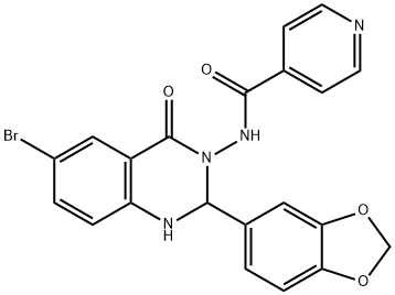 N-(2-(1,3-benzodioxol-5-yl)-6-bromo-4-oxo-1,4-dihydro-3(2H)-quinazolinyl)isonicotinamide 结构式
