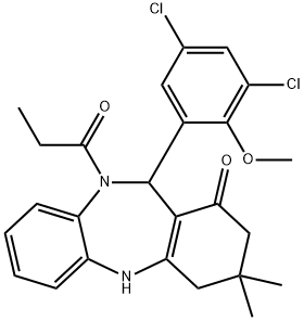 11-(3,5-dichloro-2-methoxyphenyl)-3,3-dimethyl-10-propionyl-2,3,4,5,10,11-hexahydro-1H-dibenzo[b,e][1,4]diazepin-1-one Struktur