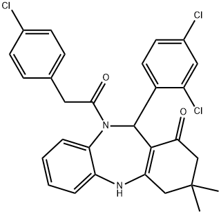 10-[(4-chlorophenyl)acetyl]-11-(2,4-dichlorophenyl)-3,3-dimethyl-2,3,4,5,10,11-hexahydro-1H-dibenzo[b,e][1,4]diazepin-1-one,353789-35-2,结构式