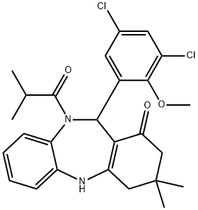 11-(3,5-dichloro-2-methoxyphenyl)-10-isobutyryl-3,3-dimethyl-2,3,4,5,10,11-hexahydro-1H-dibenzo[b,e][1,4]diazepin-1-one Struktur