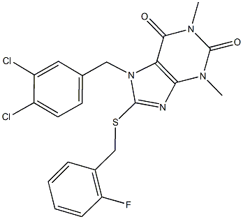 7-(3,4-dichlorobenzyl)-8-[(2-fluorobenzyl)sulfanyl]-1,3-dimethyl-3,7-dihydro-1H-purine-2,6-dione 化学構造式
