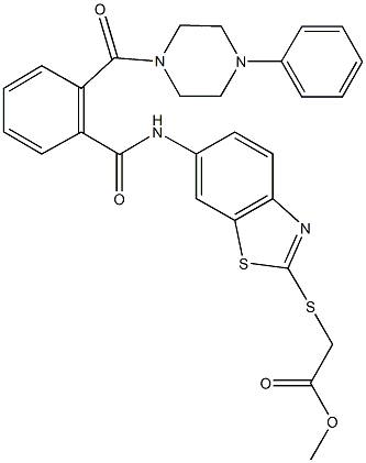 methyl {[6-({2-[(4-phenyl-1-piperazinyl)carbonyl]benzoyl}amino)-1,3-benzothiazol-2-yl]sulfanyl}acetate Struktur