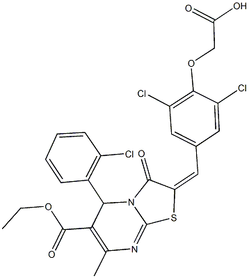 {2,6-dichloro-4-[(5-(2-chlorophenyl)-6-(ethoxycarbonyl)-7-methyl-3-oxo-5H-[1,3]thiazolo[3,2-a]pyrimidin-2(3H)-ylidene)methyl]phenoxy}acetic acid 化学構造式