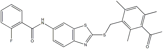 N-{2-[(3-acetyl-2,4,6-trimethylbenzyl)sulfanyl]-1,3-benzothiazol-6-yl}-2-fluorobenzamide 结构式