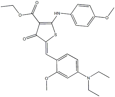 ethyl 5-[4-(diethylamino)-2-methoxybenzylidene]-2-(4-methoxyanilino)-4-oxo-4,5-dihydro-3-thiophenecarboxylate 化学構造式