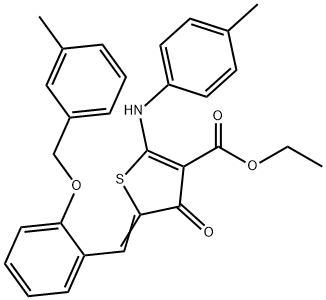 ethyl 5-{2-[(3-methylbenzyl)oxy]benzylidene}-4-oxo-2-(4-toluidino)-4,5-dihydro-3-thiophenecarboxylate 化学構造式