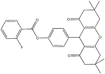 4-(3,3,6,6-tetramethyl-1,8-dioxo-2,3,4,5,6,7,8,9-octahydro-1H-xanthen-9-yl)phenyl 2-fluorobenzoate 化学構造式