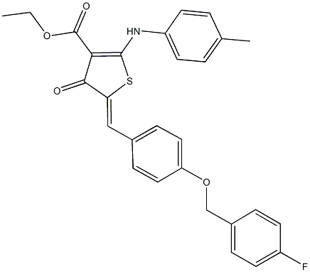 ethyl 5-{4-[(4-fluorobenzyl)oxy]benzylidene}-4-oxo-2-(4-toluidino)-4,5-dihydro-3-thiophenecarboxylate Struktur