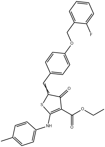 ethyl 5-{4-[(2-fluorobenzyl)oxy]benzylidene}-4-oxo-2-(4-toluidino)-4,5-dihydro-3-thiophenecarboxylate 结构式