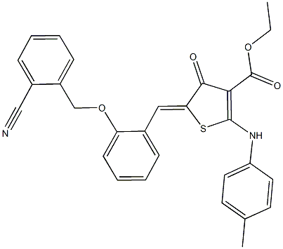 ethyl 5-{2-[(2-cyanobenzyl)oxy]benzylidene}-4-oxo-2-(4-toluidino)-4,5-dihydro-3-thiophenecarboxylate 化学構造式