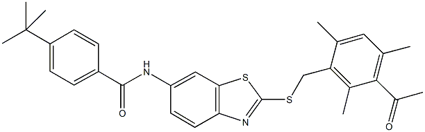 N-{2-[(3-acetyl-2,4,6-trimethylbenzyl)sulfanyl]-1,3-benzothiazol-6-yl}-4-tert-butylbenzamide Structure