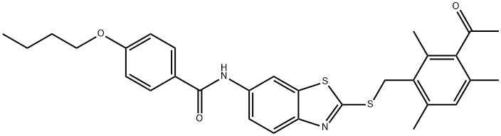 N-{2-[(3-acetyl-2,4,6-trimethylbenzyl)sulfanyl]-1,3-benzothiazol-6-yl}-4-butoxybenzamide Structure