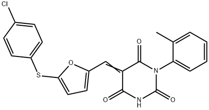 5-({5-[(4-chlorophenyl)sulfanyl]-2-furyl}methylene)-1-(2-methylphenyl)-2,4,6(1H,3H,5H)-pyrimidinetrione 化学構造式