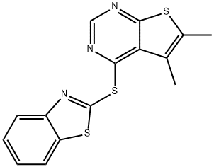 4-(1,3-benzothiazol-2-ylsulfanyl)-5,6-dimethylthieno[2,3-d]pyrimidine 化学構造式