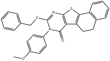 9-(benzylsulfanyl)-8-(4-methoxyphenyl)-5,8-dihydronaphtho[2',1':4,5]thieno[2,3-d]pyrimidin-7(6H)-one 化学構造式