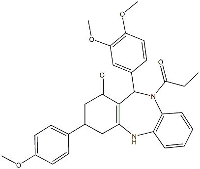 11-(3,4-dimethoxyphenyl)-3-(4-methoxyphenyl)-10-propionyl-2,3,4,5,10,11-hexahydro-1H-dibenzo[b,e][1,4]diazepin-1-one Structure