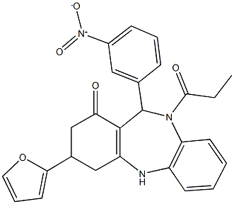 3-(2-furyl)-11-{3-nitrophenyl}-10-propionyl-2,3,4,5,10,11-hexahydro-1H-dibenzo[b,e][1,4]diazepin-1-one Struktur