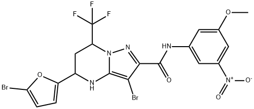 3-bromo-5-(5-bromo-2-furyl)-N-{3-nitro-5-methoxyphenyl}-7-(trifluoromethyl)-4,5,6,7-tetrahydropyrazolo[1,5-a]pyrimidine-2-carboxamide 化学構造式