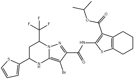 isopropyl 2-({[3-bromo-5-(2-thienyl)-7-(trifluoromethyl)-4,5,6,7-tetrahydropyrazolo[1,5-a]pyrimidin-2-yl]carbonyl}amino)-4,5,6,7-tetrahydro-1-benzothiophene-3-carboxylate 化学構造式