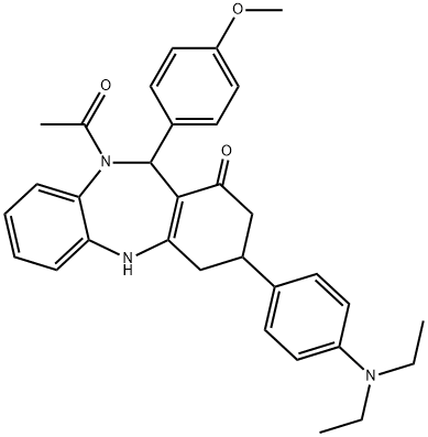 10-acetyl-3-[4-(diethylamino)phenyl]-11-(4-methoxyphenyl)-2,3,4,5,10,11-hexahydro-1H-dibenzo[b,e][1,4]diazepin-1-one Struktur