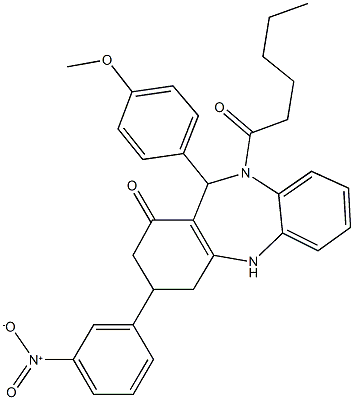 10-hexanoyl-3-{3-nitrophenyl}-11-(4-methoxyphenyl)-2,3,4,5,10,11-hexahydro-1H-dibenzo[b,e][1,4]diazepin-1-one 化学構造式