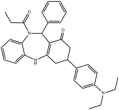 3-[4-(diethylamino)phenyl]-11-phenyl-10-propionyl-2,3,4,5,10,11-hexahydro-1H-dibenzo[b,e][1,4]diazepin-1-one Struktur