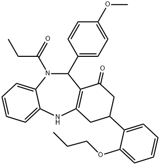 11-(4-methoxyphenyl)-10-propionyl-3-(2-propoxyphenyl)-2,3,4,5,10,11-hexahydro-1H-dibenzo[b,e][1,4]diazepin-1-one 化学構造式
