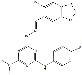 6-bromo-1,3-benzodioxole-5-carbaldehyde [4-(dimethylamino)-6-(4-fluoroanilino)-1,3,5-triazin-2-yl]hydrazone Structure