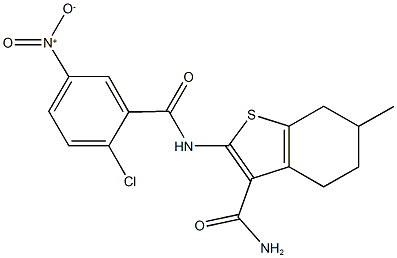 2-({2-chloro-5-nitrobenzoyl}amino)-6-methyl-4,5,6,7-tetrahydro-1-benzothiophene-3-carboxamide 化学構造式