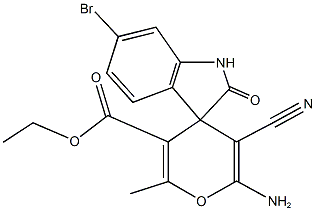 6-amino-6'-bromo-5-cyano-1',3'-dihydro-3-ethoxycarbonyl-2-methyl-2'-oxospiro[4H-pyran-4,3'-(2'H)-indole] 结构式