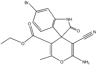 6-amino-6'-bromo-5-cyano-1',3'-dihydro-3-ethoxycarbonyl-2-methyl-2'-oxospiro[4H-pyran-4,3'-(2'H)-indole] Structure