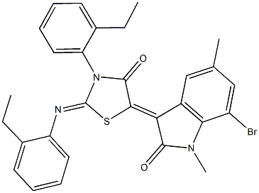 7-bromo-3-{3-(2-ethylphenyl)-2-[(2-ethylphenyl)imino]-4-oxo-1,3-thiazolidin-5-ylidene}-1,5-dimethyl-1,3-dihydro-2H-indol-2-one,354544-74-4,结构式