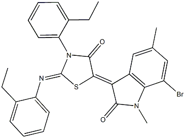 7-bromo-3-{3-(2-ethylphenyl)-2-[(2-ethylphenyl)imino]-4-oxo-1,3-thiazolidin-5-ylidene}-1,5-dimethyl-1,3-dihydro-2H-indol-2-one Structure