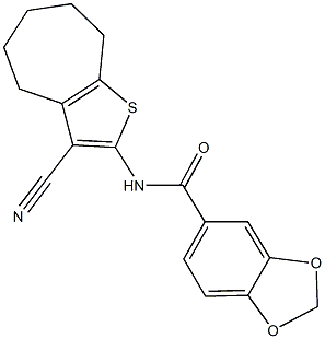 N-(3-cyano-5,6,7,8-tetrahydro-4H-cyclohepta[b]thien-2-yl)-1,3-benzodioxole-5-carboxamide 化学構造式