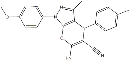 6-amino-1-(4-methoxyphenyl)-3-methyl-4-(4-methylphenyl)-1,4-dihydropyrano[2,3-c]pyrazole-5-carbonitrile 化学構造式