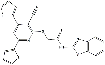 N-(1,3-benzothiazol-2-yl)-2-{[3-cyano-4-(2-furyl)-6-(2-thienyl)-2-pyridinyl]sulfanyl}ethanethioamide Struktur