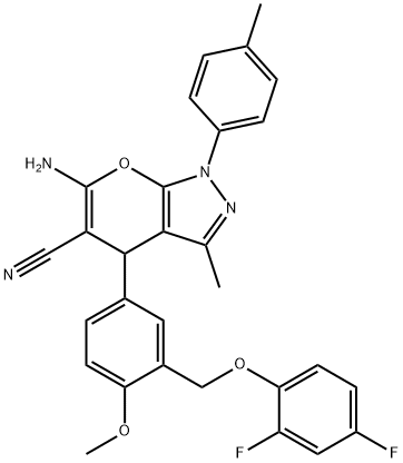 6-amino-4-{3-[(2,4-difluorophenoxy)methyl]-4-methoxyphenyl}-3-methyl-1-(4-methylphenyl)-1,4-dihydropyrano[2,3-c]pyrazole-5-carbonitrile,354546-17-1,结构式